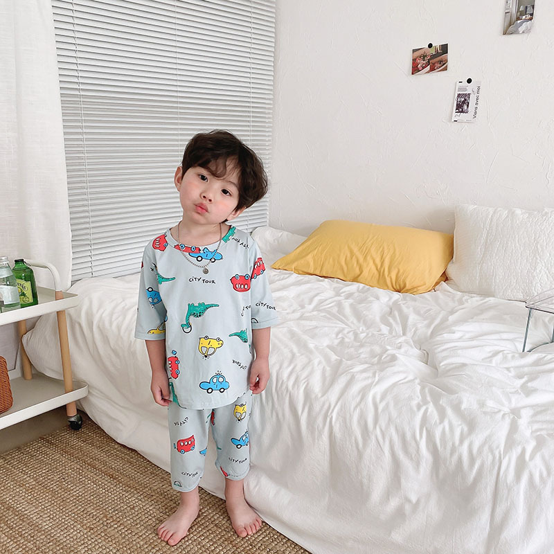 Children's Home Clothes Set 95% Cotton Three-Quarter Sleeve Male and Female Baby Air-Conditioned Clothes Breathable Boneless Pajamas New Style