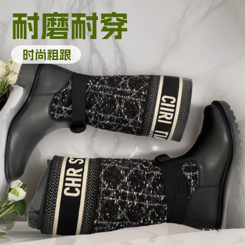 网红同款长筒靴女2025秋冬新款刺绣拼色藤格纹骑士靴不过膝工装靴