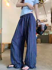 2025抽绳条纹直筒休闲裤女夏季2025新款宽松慵懒风阔腿裤裤子