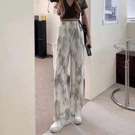 外贸扎染冰丝阔腿裤女夏季薄款小个子高腰垂感显瘦直筒网红休闲拖