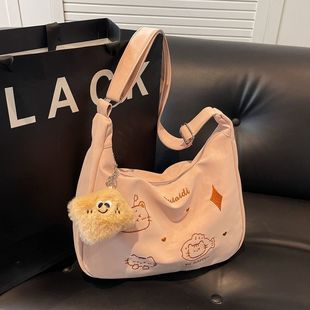 Fashionable universal shoulder bag for leisure, cute capacious one-shoulder bag, with embroidery