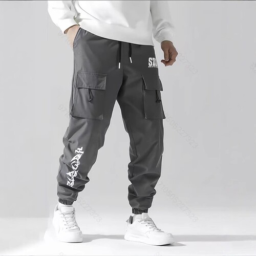 Men's American/European Size Printed Loose Casual Long Pants in Grey and Black