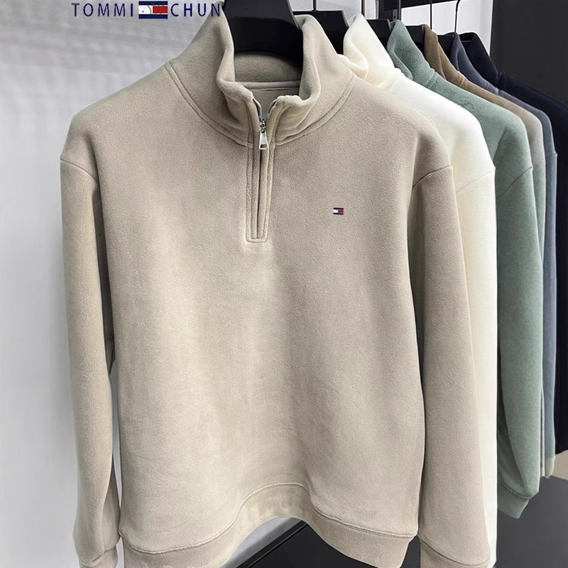 Tommy men's fleece fleece sweater autumn and winter warm solid color base shirt fleece-lined thick sweater