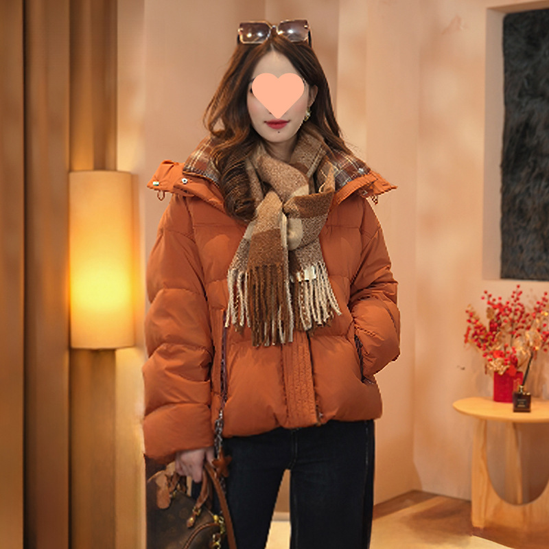 Vintage Plaid Patchwork Cotton Jacket for Women, Short Winter New Hooded Thickened Korean Style Warm Puffer Coat with Cotton Padding