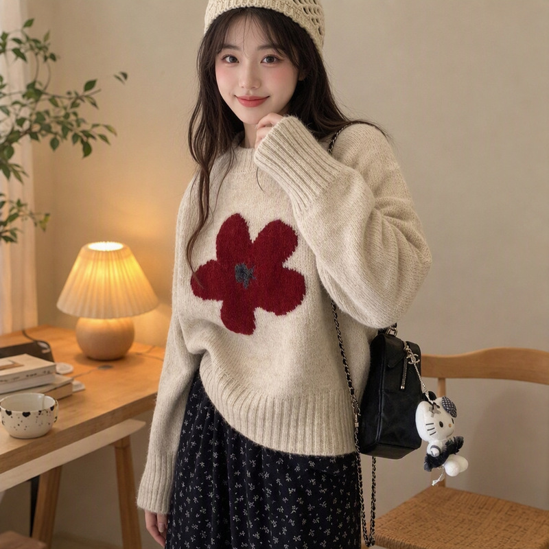 Korean-Style Alpaca Wool Floral Jacquard Round-Neck Sweater for Women 2026 Autumn and Winter New Short Pullover Knitwear Korean-Style Alpaca Wool Floral Jacquard Round-Neck Sweater for Women 2026 Autumn and Winter New Short Pullover Knitwear