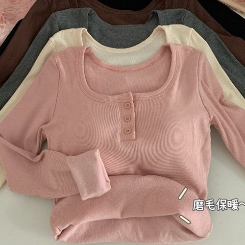 PINK FLOCKED COTTON LAYERED TOP women's autumn winter short sleeve warm innerwear T-shirt with square collar and ribbed shoulder