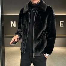 翻领金夹克皮衣冬装呢子貂绒皮毛一体外套文件仿皮草群黑色氨纶