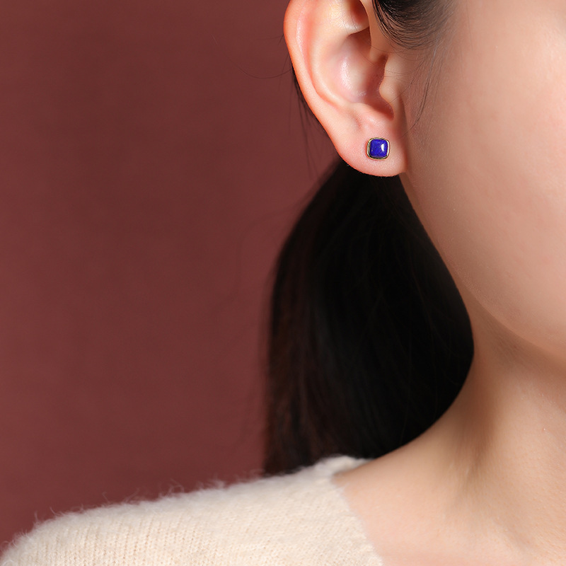 Khuyên tai bạc S925 mạ vàng đính đá lapis lazuli hình vuông vintage — Cặp đôi