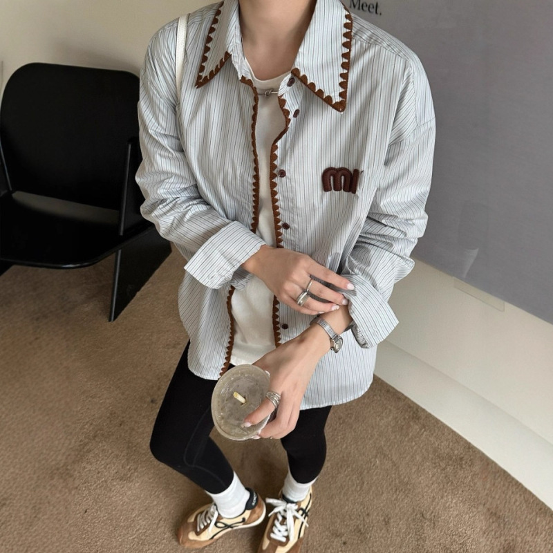 深圳南油早秋款M系字母贝壳针条纹开衫衬衫女宽松休闲百搭上衣女|undefined