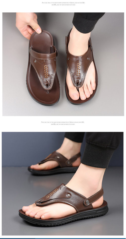 Dép sandal nam da bò lớp đầu xỏ ngón, đế cao 1 cm chống trượt đi biển — Màu nâu, màu vàng, màu đen chi tiết 19