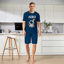 跨境重磅短袖短裤上衣套装个性印花宇航员字母印花蓝色家居服睡衣