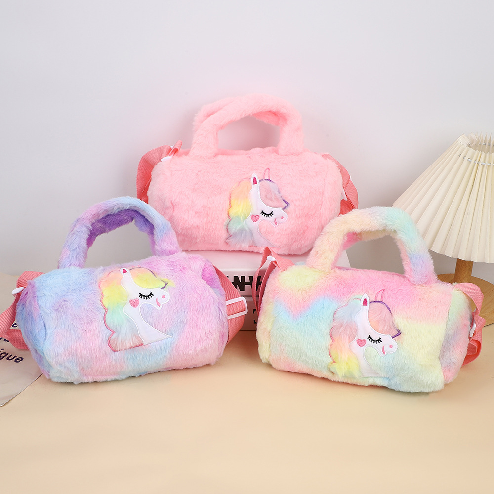Mochila de felpa para niños transfronterizos, bolso de mensajero de un solo hombro, bolso de mano de unicornio lindo de dibujos animados, bolso de lana de gran capacidad