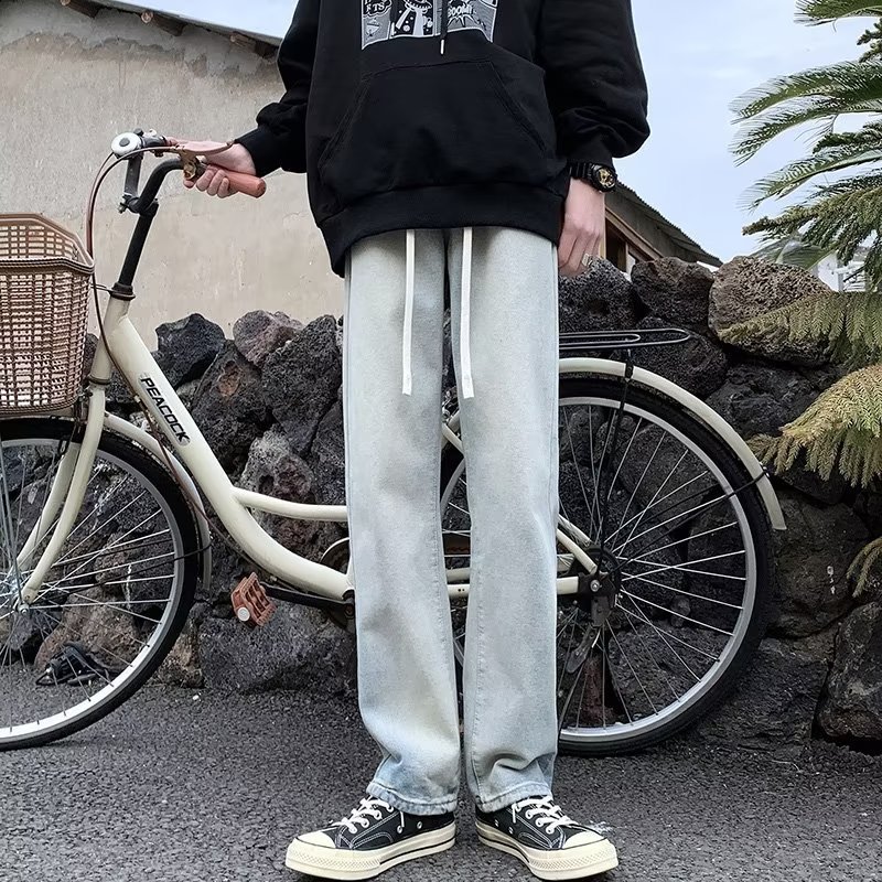 Pantalones vaqueros de cintura elástica para hombres 2024 primavera y verano nueva marca de moda pantalones cortos estilo de Hong Kong pantalones rectos sueltos de tendencia