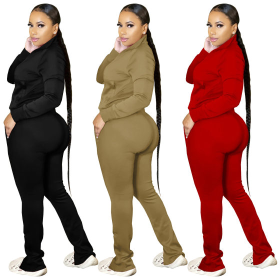 HR8192 European and American Sports Women's Solid Color Zipper Split Leggings Casual Sports Suit Two-Piece Set