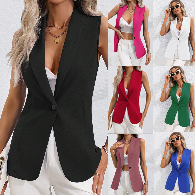 2026 Spring and Autumn New European and American Cross-Border Amazon Solid Color Cardigan Single-Breasted Jacket Sleeveless Round Neck Coat for Women 2026 Spring and Autumn New European and American Cross-Border Amazon Solid Color Cardigan Single-Breasted Jacket Sleeveless Round Neck Coat for Women