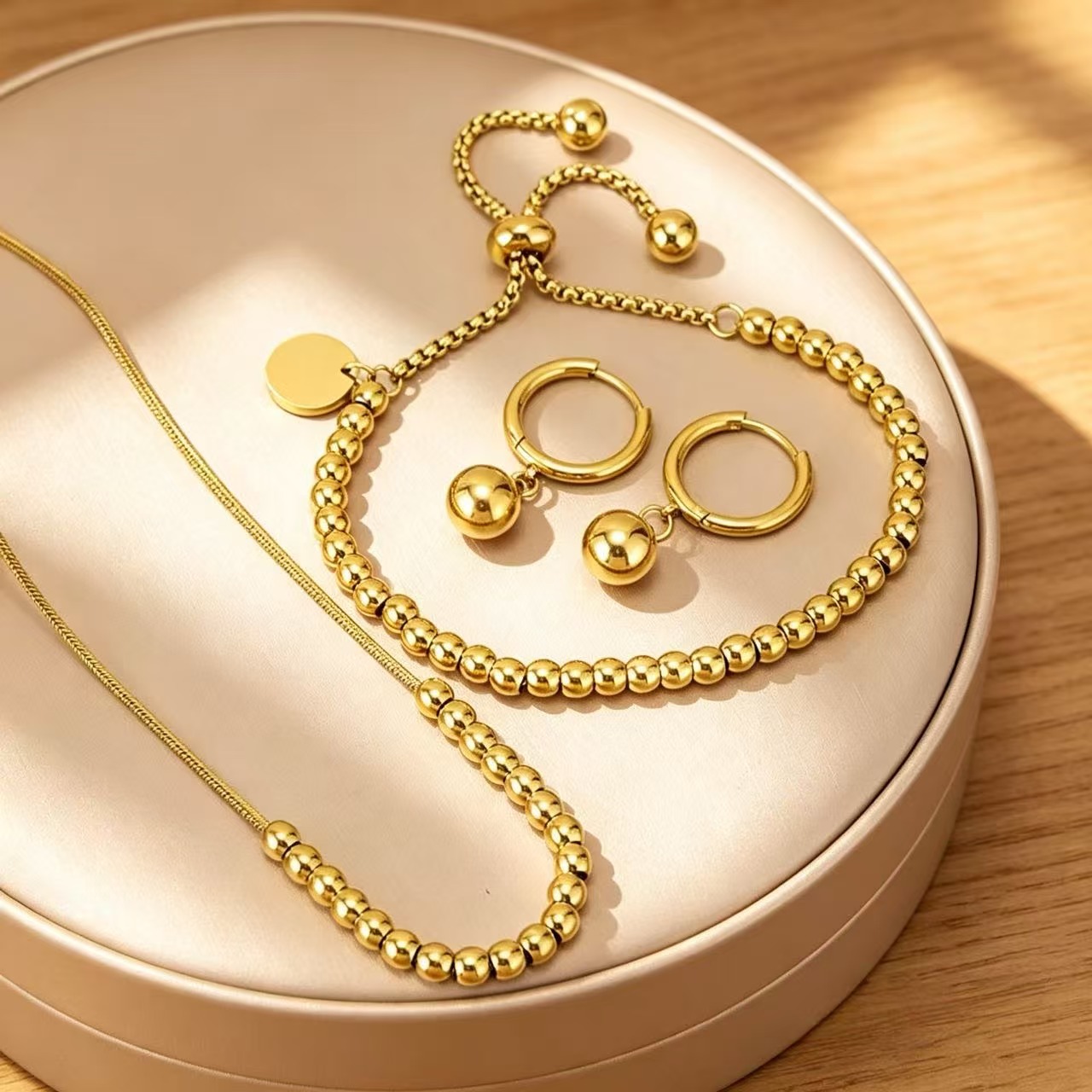 Round Bead Necklace, Bracelet, and Earring Set, Niche Minimalist Adjustable Pull-Out Fashion Versatile Non-Fading Jewelry