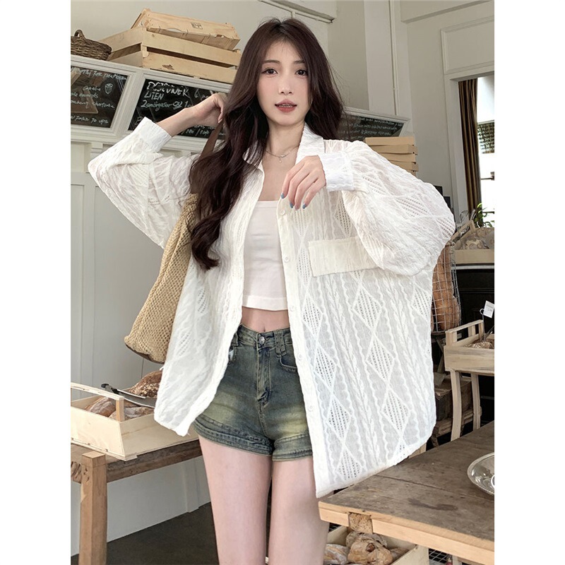 钩花镂空白衬衫女夏季空调开衫上衣小众设计感薄外套宽松休闲衬衣|undefined