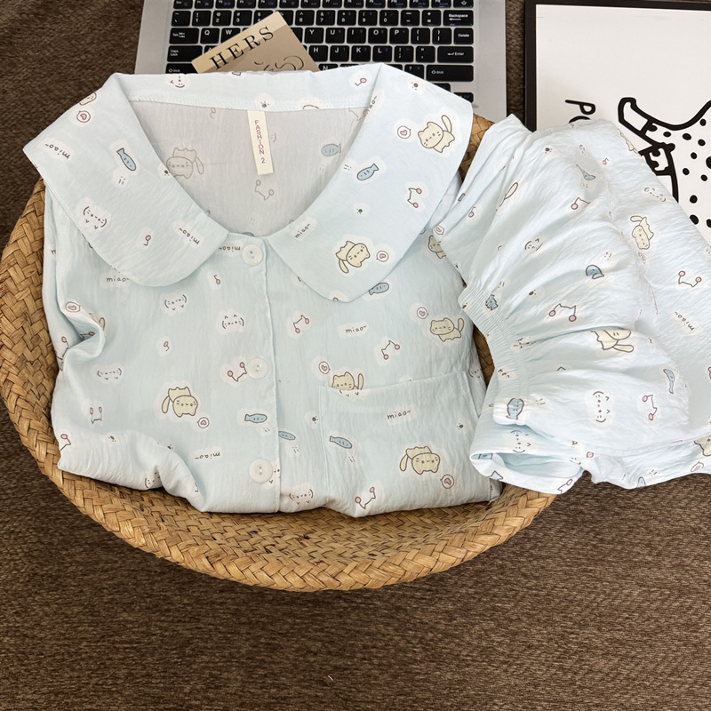扎染条纹云朵纯棉纱睡衣女春秋季长袖简约可外穿开衫家居服夏套装|undefined