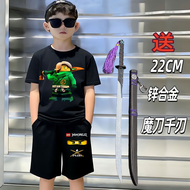 幻影忍者夏季短袖圆领亲子套装纯棉t恤短裤男童衣服大中童儿童潮
