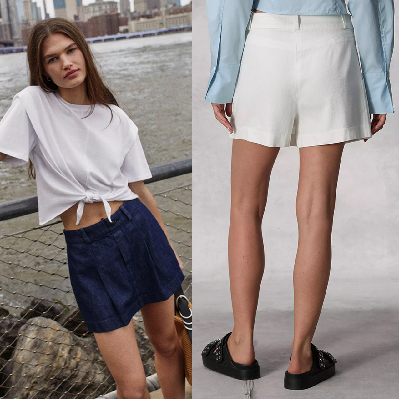 2024春夏新款欧美RAG&B同款天丝汉麻褶裥设计牛仔短裤裙