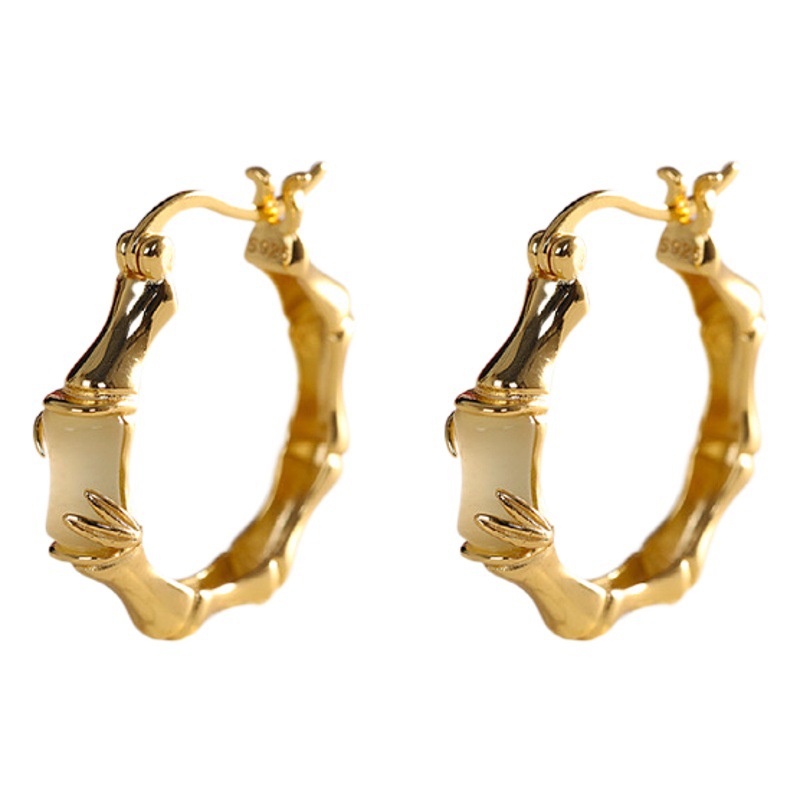 Silver s925 sterling silver gold-plated inlaid Hetian jade bamboo ear ring fashion niche simple women's ear ring