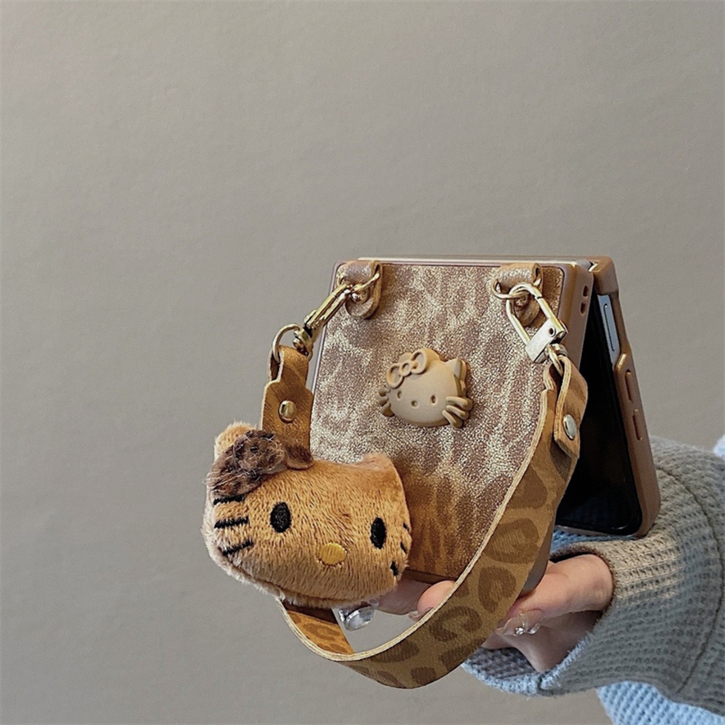 Suitable for Xiaomi Mixflip2 Mobile Phone Case Foldableing Screen New Honor Vflip2 Autumn and Winter Brown Leather Leopard Print Kt Cat Case Huawei Purax Niche Creative All-Inclusive Anti-Fall Ins Protective Cover