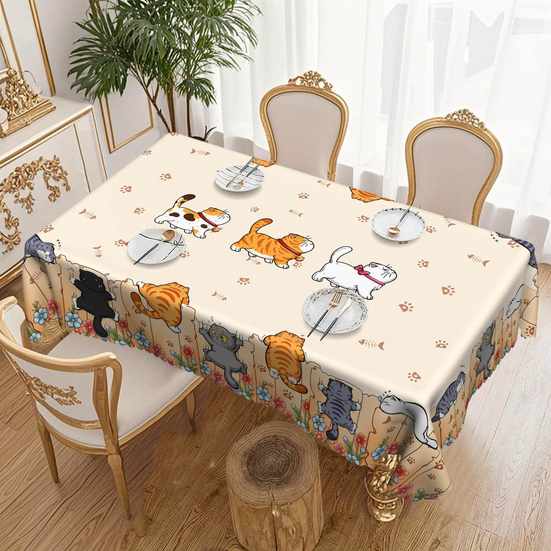 1Pc Cute Kitten and Paw Print Tablecloth, Perfect for Home Kitchen, Dining Room, Terrace.