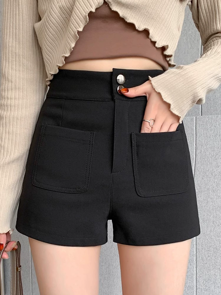 Черные шорты, весенние брюки, сапоги, высокий пояс, slim fit, тренд сезона, для подростков, силуэт А
