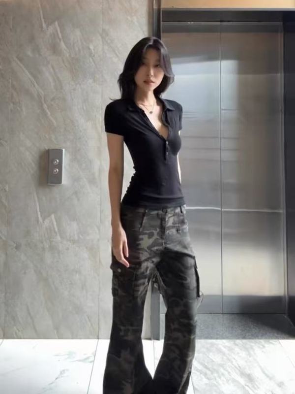 简约polo衫正肩黑色短袖t恤女夏季新款弹力收腰显瘦气质百搭上衣|undefined