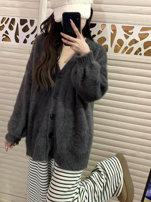 慵懒风时尚貂绒软糯毛衣女外套秋季新款宽松纯色v领针织开衫上衣|undefined