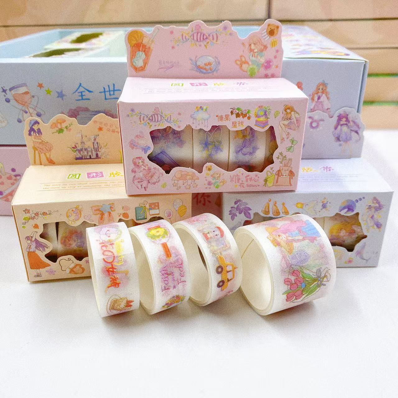 Cintas redondas pegatinas de cuentas de dibujos animados lindas chicas pegatinas de cuentas de mano decoración 4 pegatinas hechas a mano DIY esmerilado banda