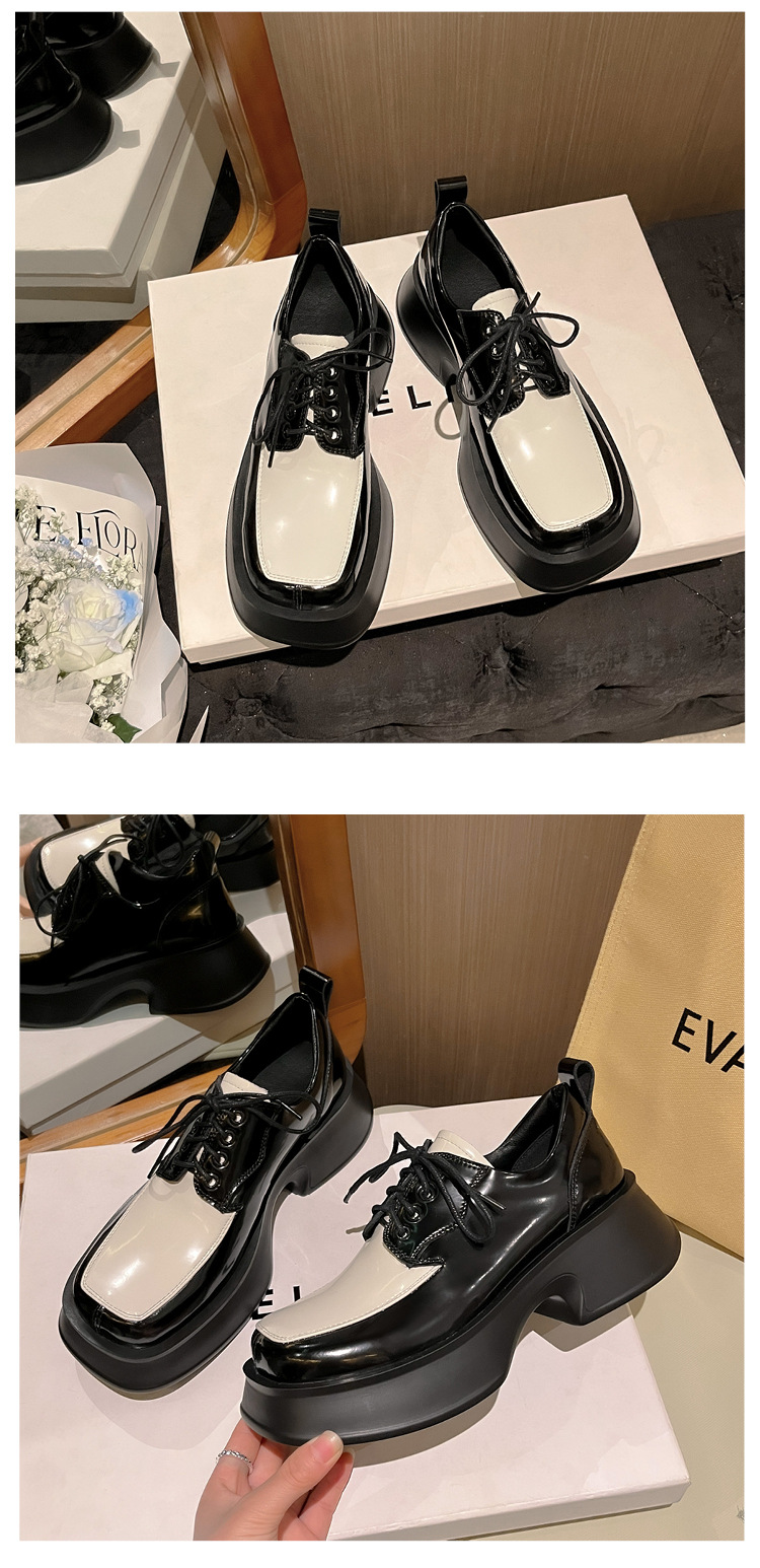 Giày loafer nữ đế xuồng platform da thật buộc dây phối màu đen trắng — màu đen chi tiết 17