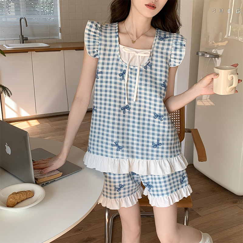 여성을위한 가슴 패드가있는 도매 잠옷 여름 얇은 작은 플라잉 슬리브 격자 무늬 조끼 투피스 양복 2025 새로운 여름