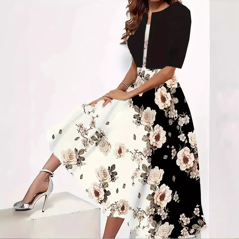 2026 European and American Amazon Autumn New Women's Long Dress Two-Piece Set Floral Print Round Neck Dress and Jacket for Women
