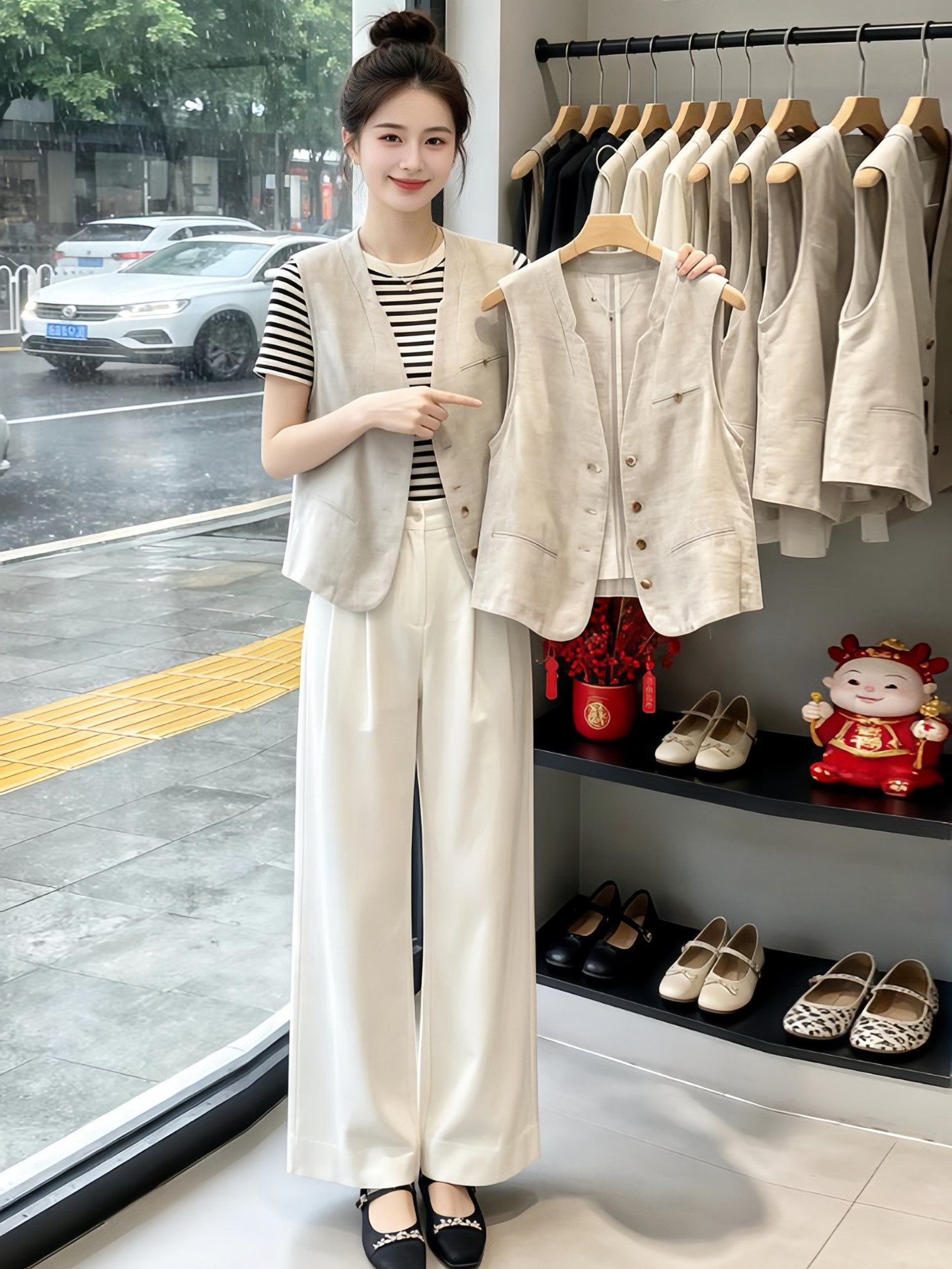 Áo khoác vest không tay cổ V nữ chất liệu linen phối nút đơn — màu be