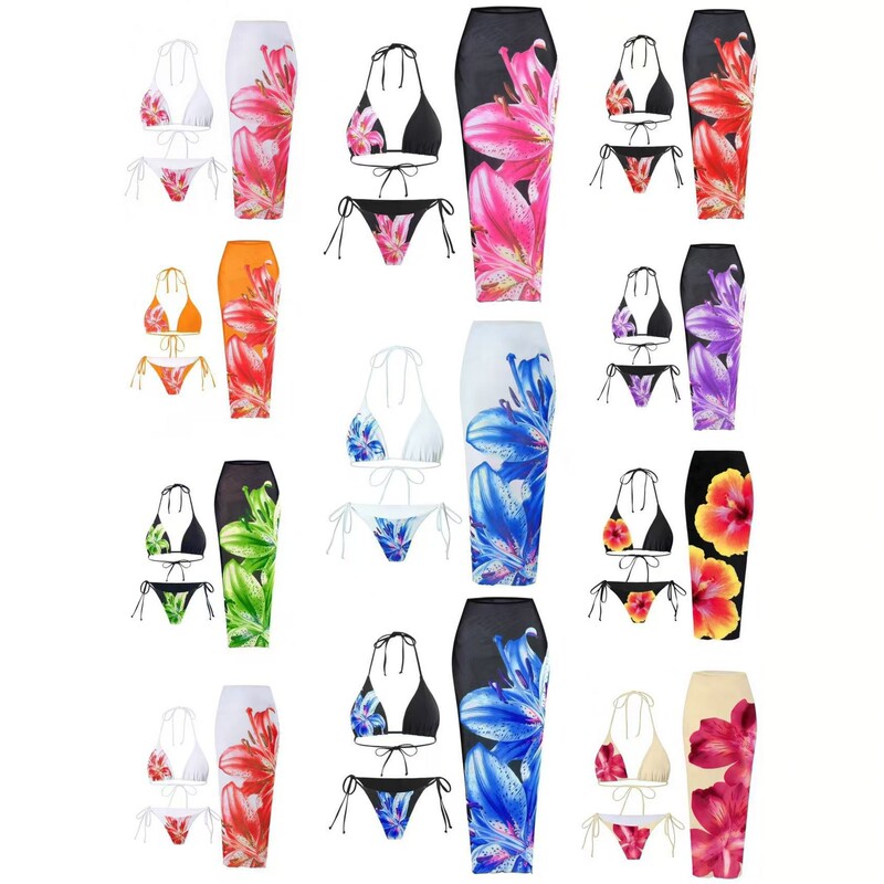 New Cross-Border European and American Style Printed Two-Piece Bikini, Sexy Slim-Fit Wrap Skirt, Lily Print Swimsuit Three-Piece Set
