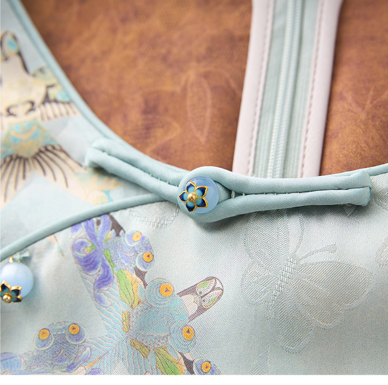 Váy sườn xám cách tân jacquard phong cách Trung Quốc chất liệu sợi mây thơm, dáng suông thắt eo, tay ngắn mùa hè — Màu xanh lam chi tiết 17