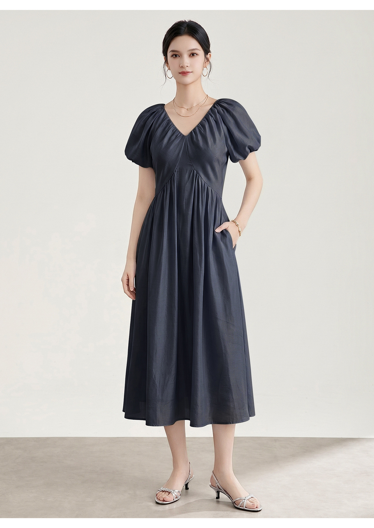 Đầm suông midi tay bồng cổ V xếp ly cho nữ — màu xanh navy chi tiết 18