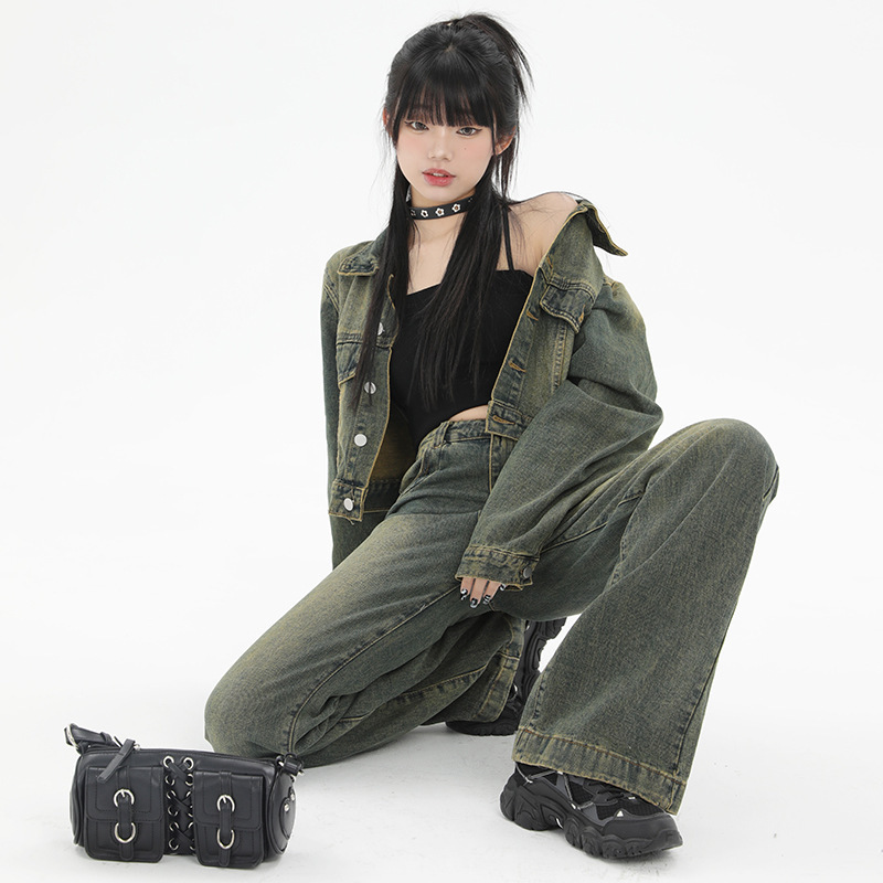 Retro Distressed Straight-leg Jeans for Women, European and American Niche, Lazy Street Slimming Look, High-waisted Loose Wide-leg Floor-length Pants, Trendy