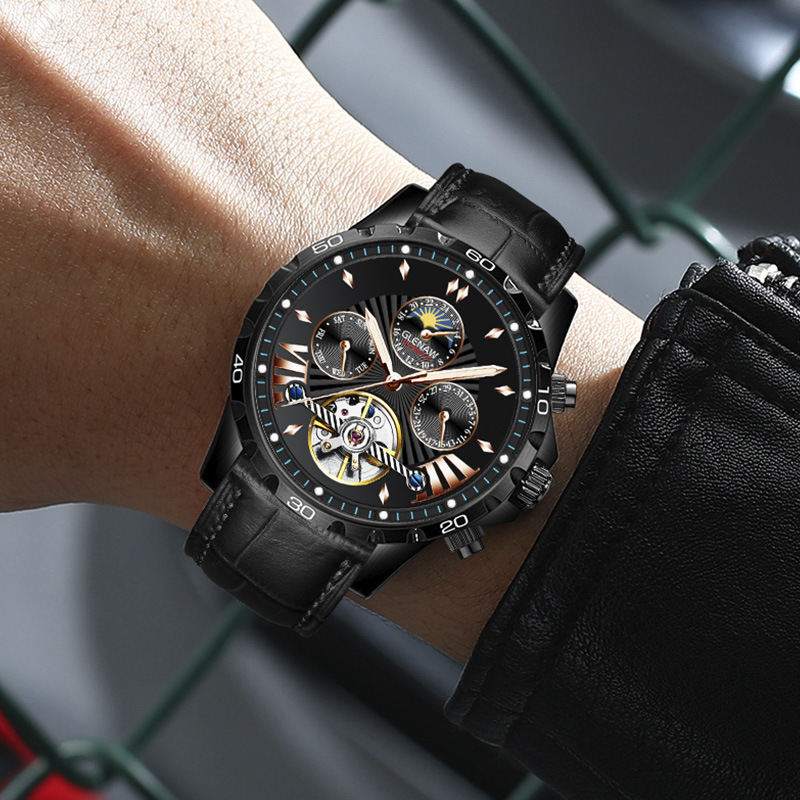 Đồng hồ nam automatic skeleton lộ máy Glenn – dây da/dây thép, chống nước, dạ quang