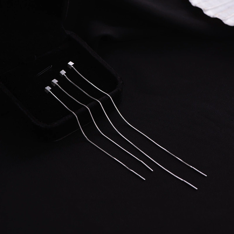 Long Square Tassel Earrings, Silver-Needle Posts, 10–13 cm, Simple Elegant Design