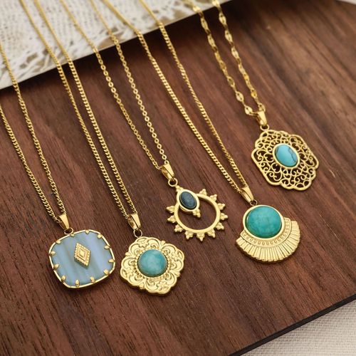 New blue natural stone geometric pendant necklace, retro palace style hollow carved clavicle chain, titanium steel necklace