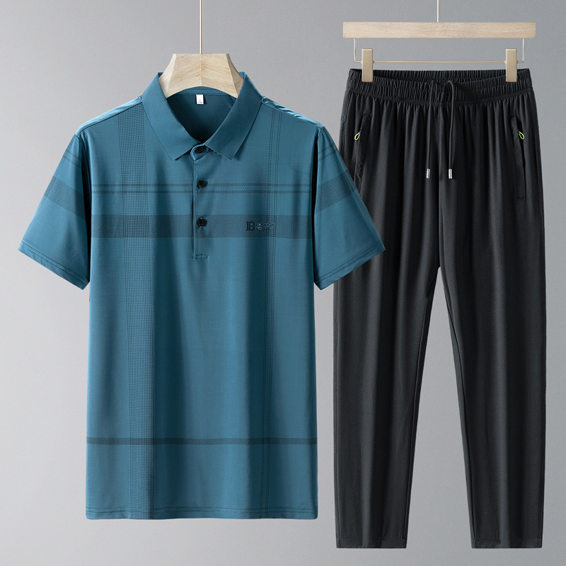 Traje casual de verano pantalones de manga corta para hombre 2025 nueva camisa POLO con sensación de hielo traje de dos piezas para papá de secado rápido para hombre