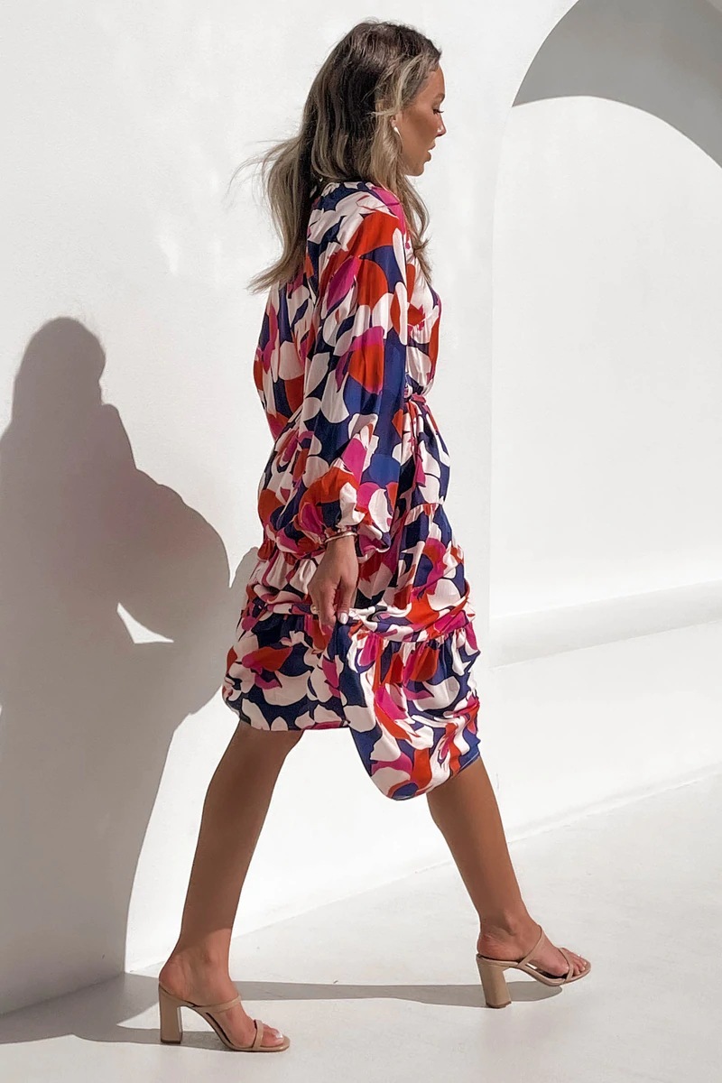 v-neck long-sleeved printing large skirt lace-up dress NSJRM135691
