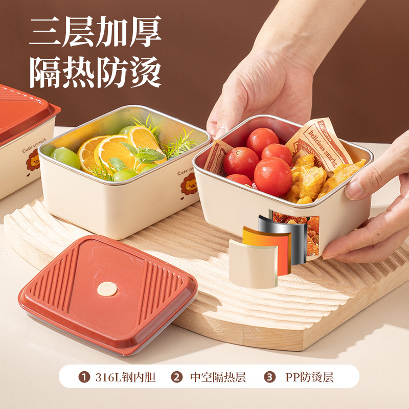 Caja de almuerzo de acero inoxidable tipo partición de platos de comedor, caja de almuerzo de estudiantes de primaria encantadora con cubierta de tazón de sopa, conjunto de bolsas de aislamiento térmico para trabajadores de oficina