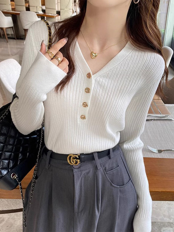 小香风内搭打底衫2025新款女春秋高级感韩系穿搭漂亮v领针织毛衣|undefined