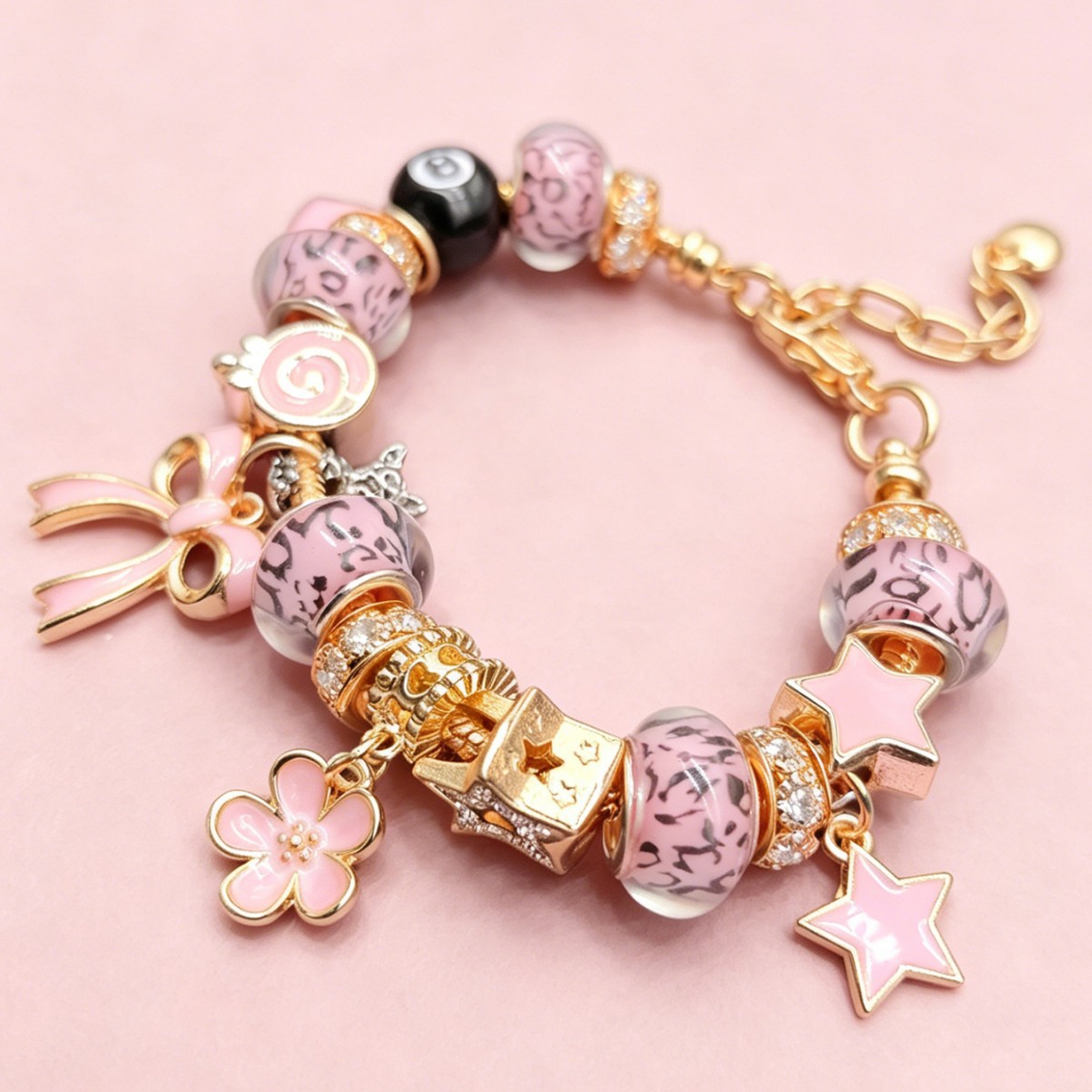 Pan pulsera rosa sexy estampado leopardo negro ocho pulsera amor pentagramas arco colgante joyas de moda image 3