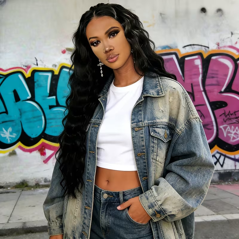 Cross-border 26inch Black Middle Part Long Water Wave Wig 65cm Big Wave High-Temperature Fiber Full Head Wig Free Labeling