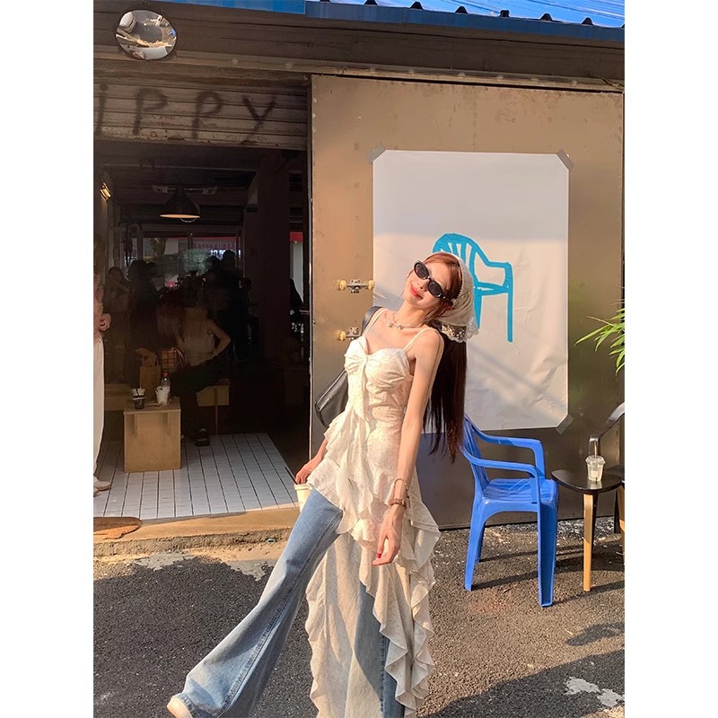 달콤한 핫걸 러플 서스펜더 드레스 요정 여름 꽃무늬 스커트 불규칙한 기질 해변 비치 롱 스커트