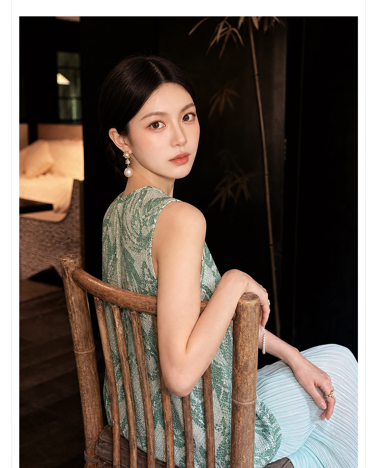 Đầm maxi nữ thắt eo phong cách Tân Trung Hoa họa tiết thêu nổi — Trà cà phê chi tiết 7